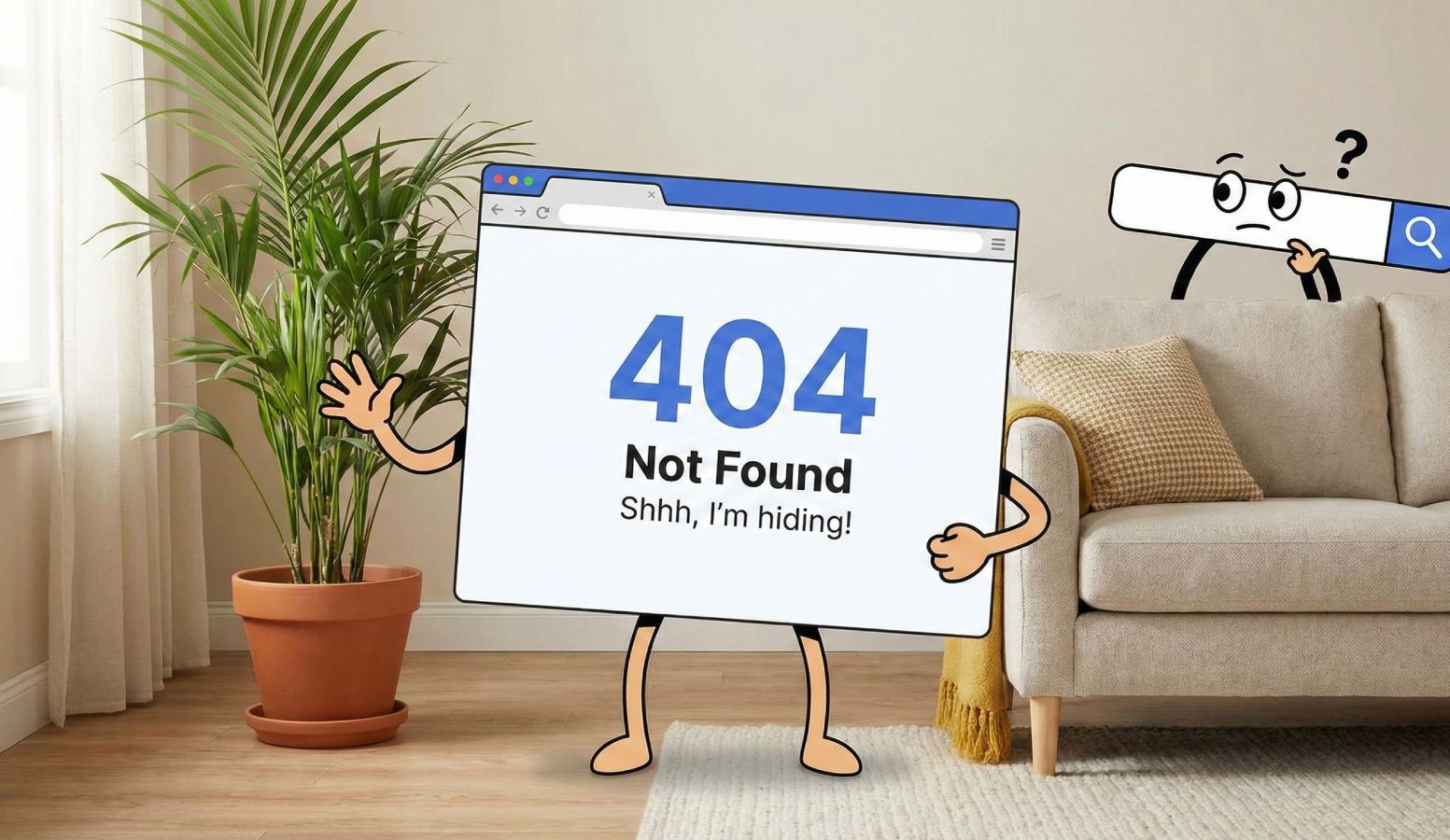 Quanto costa fare un sito web? immagine ironica di un browser che indica errore 404 e messaggio "Shh I'm hiding", per sottolineare quanto sia controverso non implementare un'adeguata strategia SEO per AI e nascondersi così dalle ricerche degli utenti