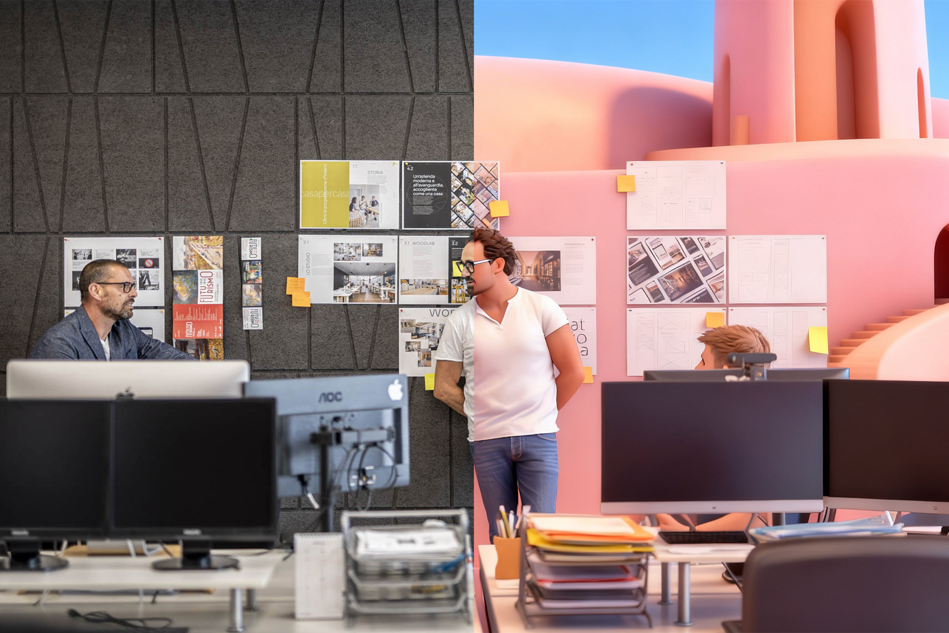 immagine dell'ufficio dell'agenzia di branding Minds Agency, dove metà dell'immagine è umana e l'altra metà ha un visual in stile illustrazione.