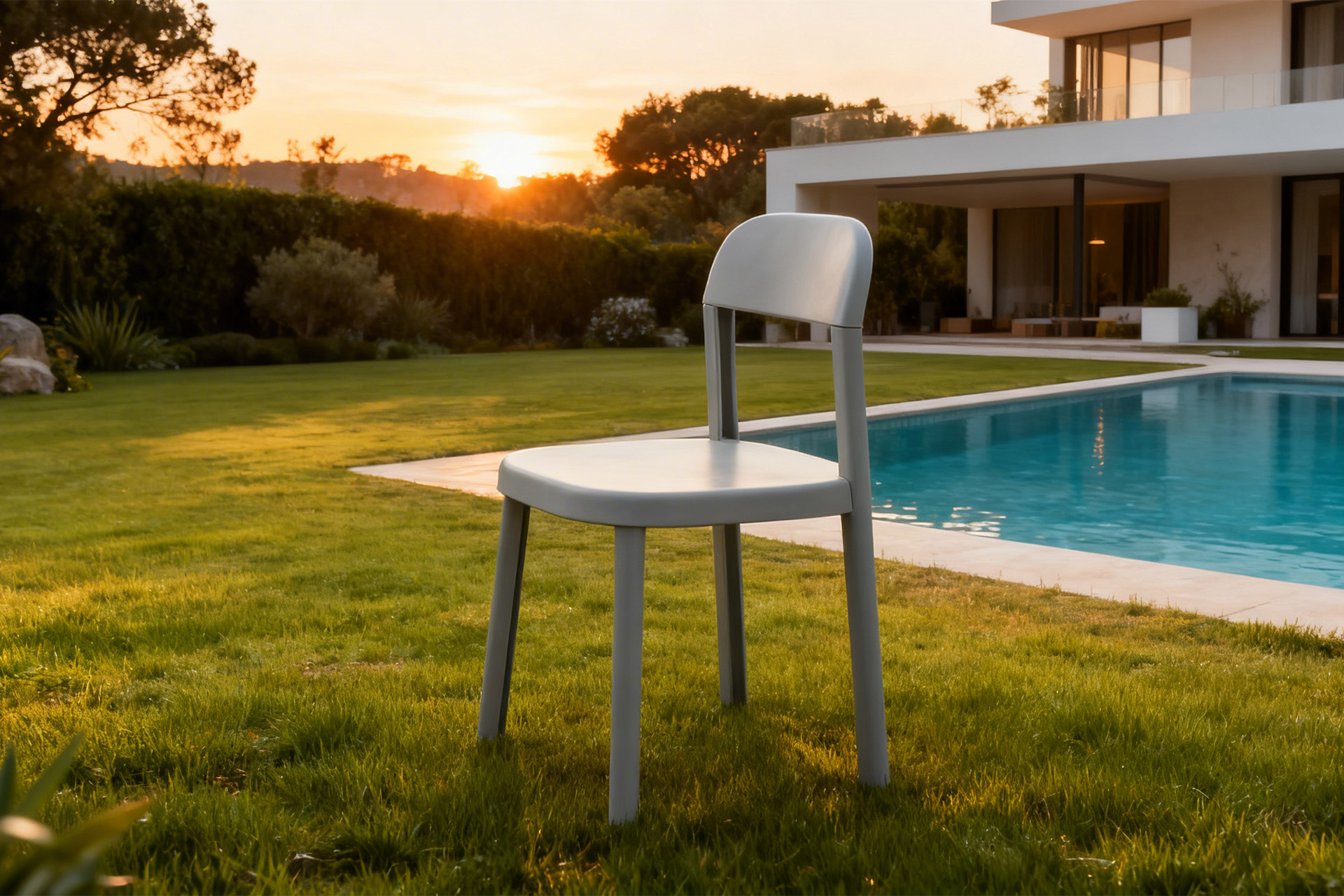 Quanto costa fare un sito web? Una sedia inserita tramite AI all'interno di un contesto di lusso, accanto a una piscina di fronte a una casa moderna