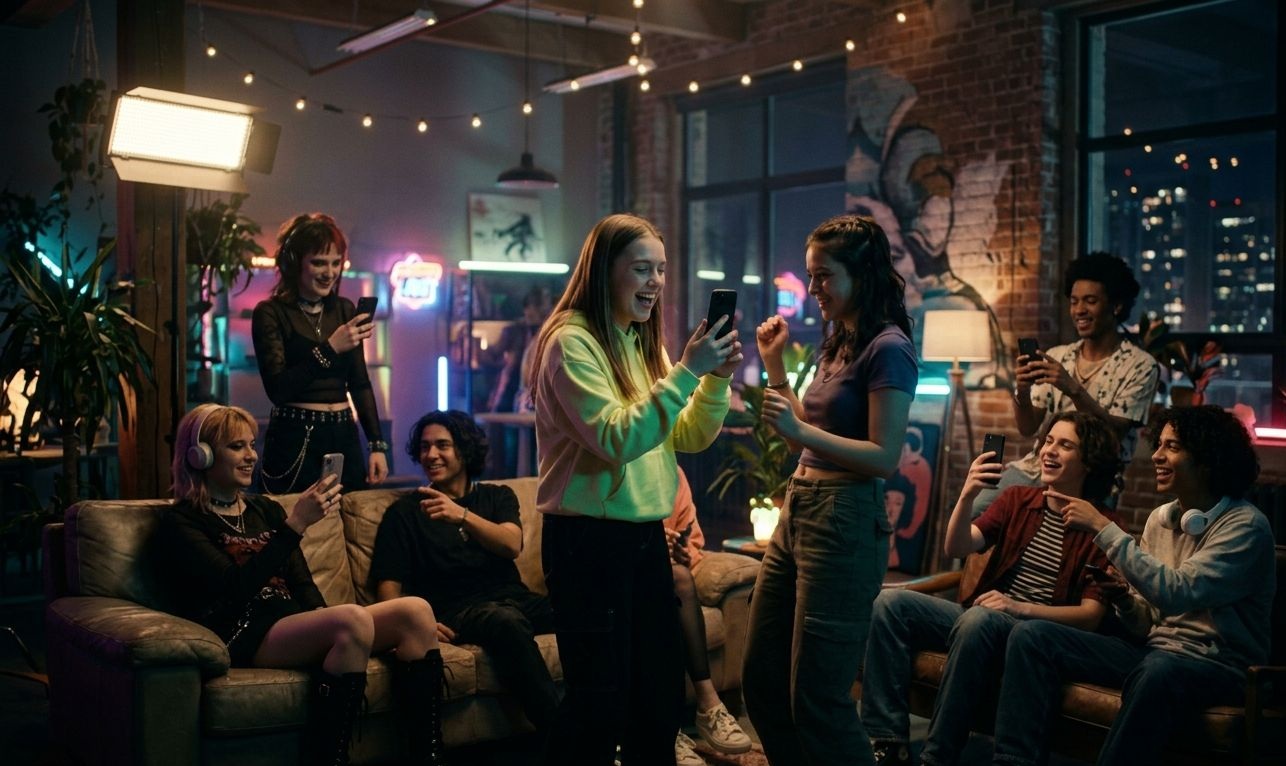 Ragazzi giovani, utenti di tiktok, si trovano all'interno di un locale e ridono osservando lo schermo del loro smartphone.