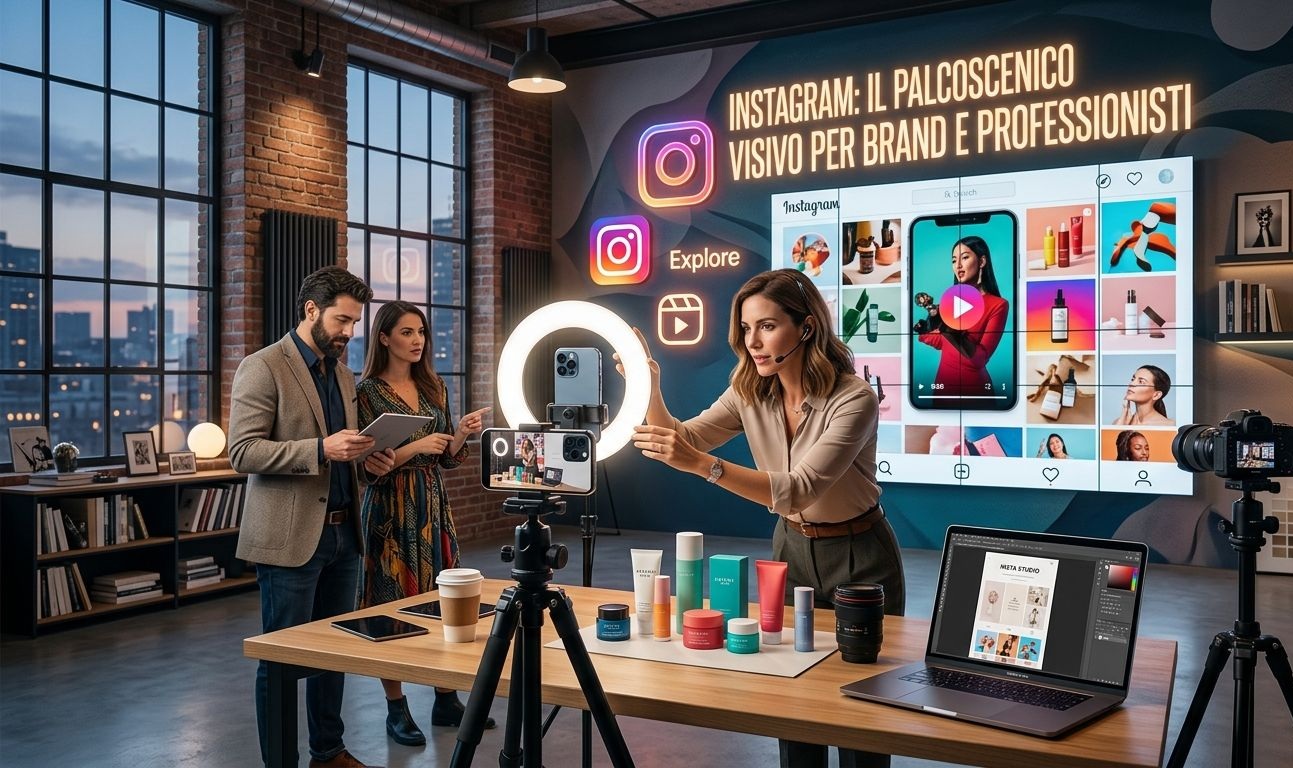 Un content creator sta allestendo il set per delle riprese da utilizzare poi su Instagram, piattaforma utilissima per le aziende all'interno di una strategia di social media marketing