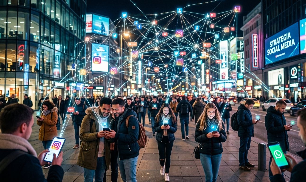 Un piazza affollata con tante persone che guardano il proprio cellulare. Sopra le loro teste c'è una fitta rete di connessioni e loghi rappresentativi di tutti i social che stanno utilizzando, per sottolineare come tutti siamo connessi e come per le aziende sia strategico essere presenti.