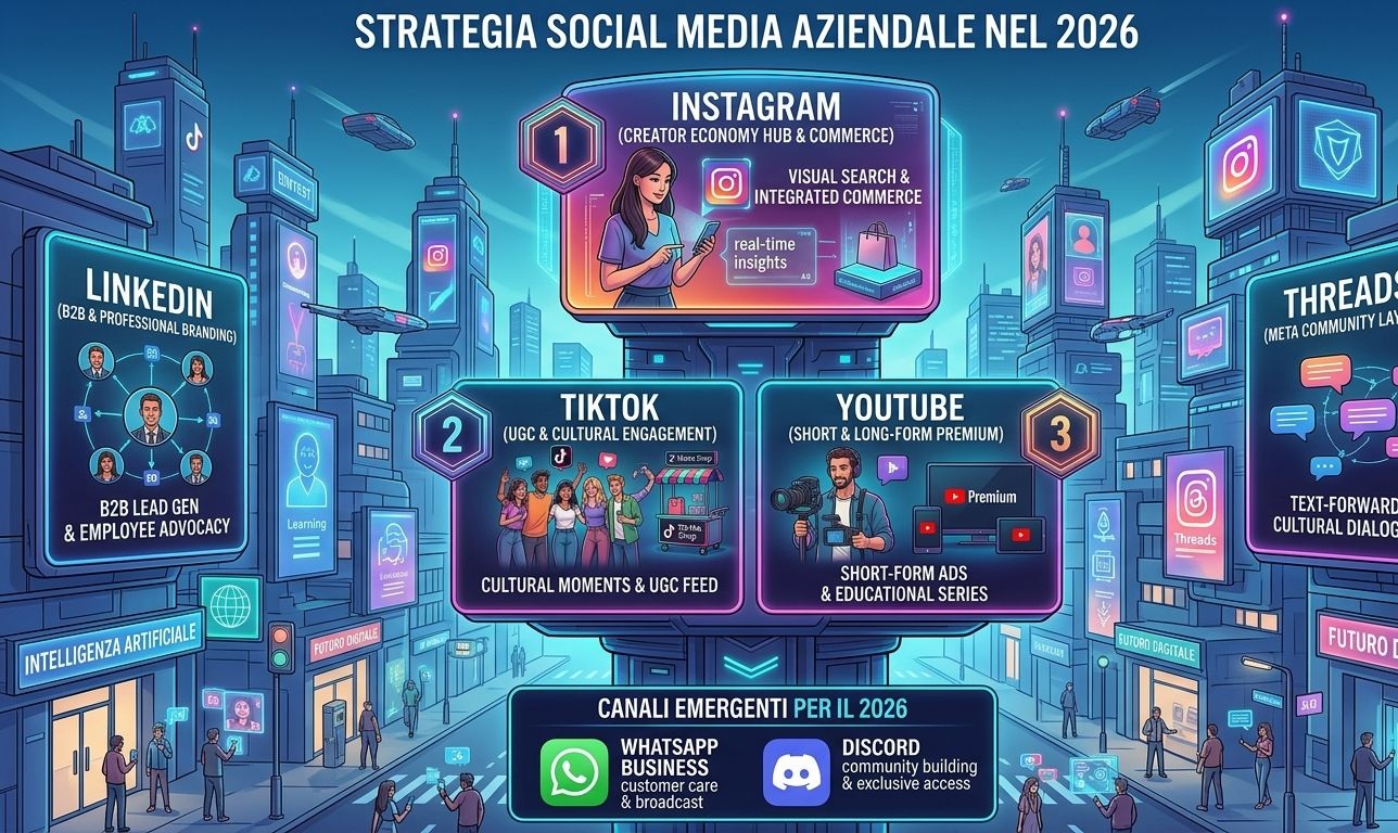 Immagine in stile infografica che elenca alcuni dei social che potrebbero essere utili nei piani di comunicazione delle aziende, come tiktok, youtube, instagram e altri